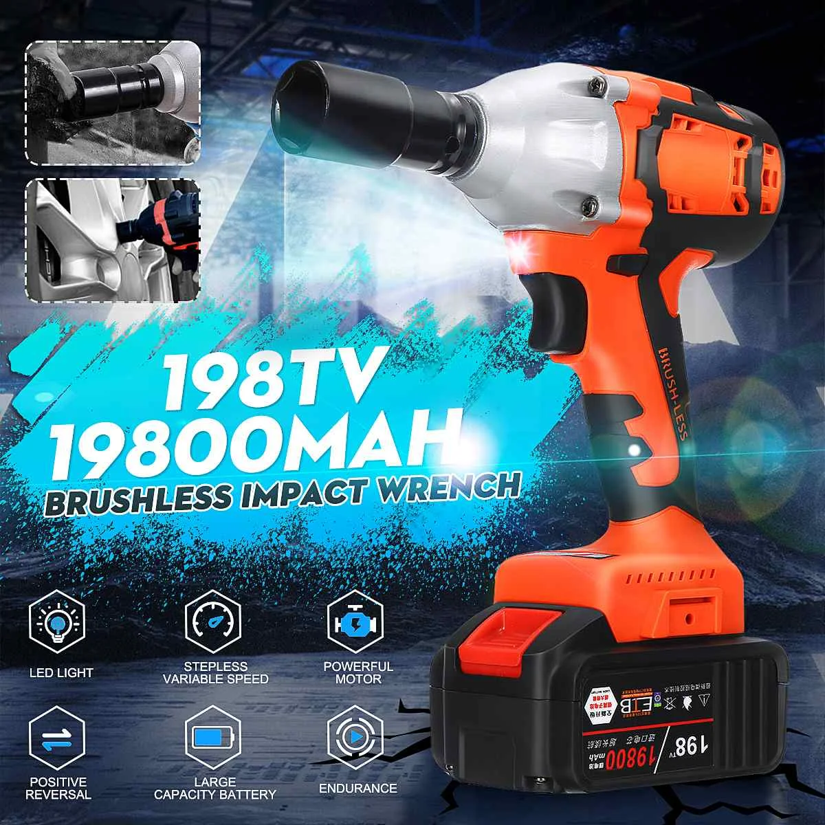 

Electric Impact Wrench Infinitely Cordless Speed Brushless Impact Electric Wrench 198TV 19800mAh Rechargeable Lithium Battery
