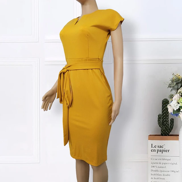 Yellow Elastic Plus Size Bodycon Dresses Office Work Waist Dress 4