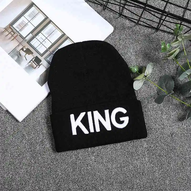 Black-King Модная шапка с вышитым капюшоном и надписью «King queen», вязаная шапка для пары на День святого Валентина, уличная вязаная шапка, Трендовая шапка - Цвет: Black-King