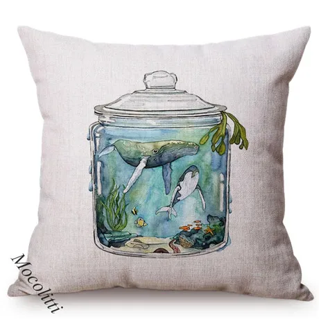 Blue Whale Style Ocean Animal Cushion Cover Water Color Painted Girls and Whale Dolphin Fairy Tales Decoration Sofa Pillow Cover 0097-4