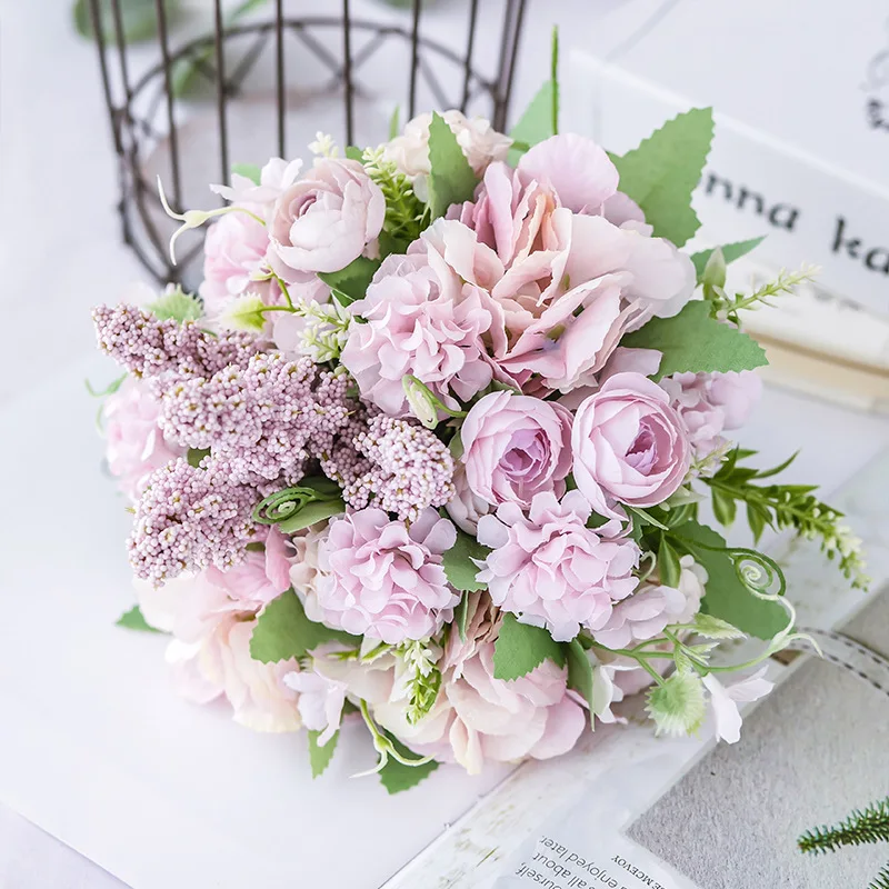 1Bundle Nordic Simulation Bouquet Fake Flower Rose Peony Silk Bouquet Living Room Decoration Table Holding Floral Plastic Flower