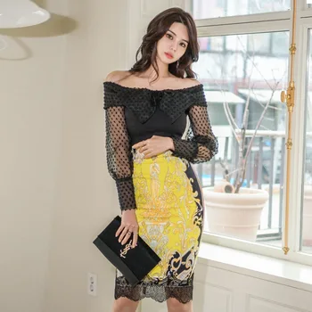 

2020 Elegant Ladies Two Piece Set Sexy Slash Neck Dot Chiffon Long Sleeve Top and Floral Print Lace Patchwork Pencil Skirt Suits