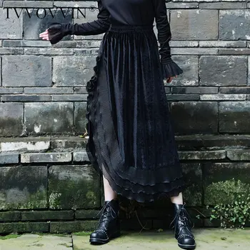 

TVVOVVIN Split Lace Vintage Woman Skirts Fashion High Waist Stitching Black Skirts Elegant Wild Women Clothes 2020 Autumn XJ5207