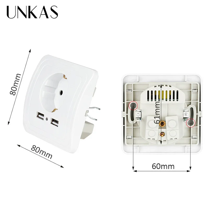 UNKAS, двойной USB порт, настенное зарядное устройство, адаптер для зарядки, 2400ма, штепсельная розетка европейского стандарта, розетка, панель с заземлением, электрическая, 86 мм* 86 мм