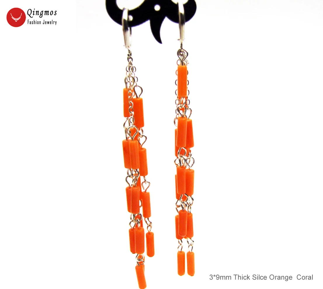 

Qingmos Fashion Orange Coral Earring for Women with 3*9mm Thick Slice Natural Coral 4 Strands Dangle Earring 3'' Hoop Jewelry