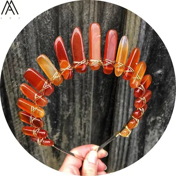 

Gold Wire Wrapped Red Agates Slice Point Tiara Crown Women Onyx Stone Crown Headband Wedding Handmade Hair Jewelry HG032AMCF