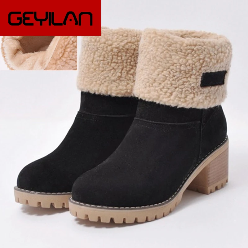 

2020 Women Winter Snow Warm Boots 5cm High Heels Thick Fur Felt Boots Block Low Heels Plush Ankle Booties Cheap Chunky Shoes