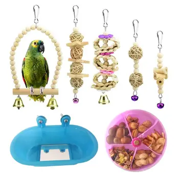 

7Pcs Bird Foraging Toy Seed Food Rotate Wheel Feeder Hanging Rattan Ball Perch Stand Parrot Chewing Swing Bathtub Cage Decor