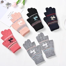 

Winter Warm Thickened Gloves Women's Half-Finger Elk Printed Gloves Neutral Warm Soft Comfortable Durable Knitted Gloves