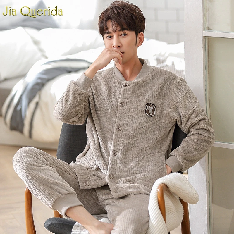 

Mens Sleepwear Winter Pajamas Flannels Sporty Baseball Jacket Fashion Home Clothing Warm Fleece Pajamas Chinese Pajamas Flannel