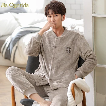 

Mens Sleepwear Winter Pajamas Flannels Sporty Baseball Jacket Fashion Home Clothing Warm Fleece Pajamas Chinese Pajamas Flannel