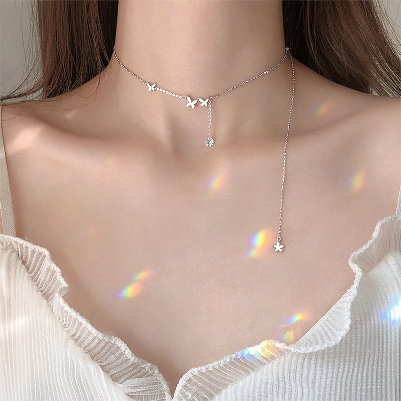 Shiny Zircon 925 Sterling Silver Necklace With Long Tassel Butterfly Choker Girl’s Birthday Party Personality Simple Gift NK031