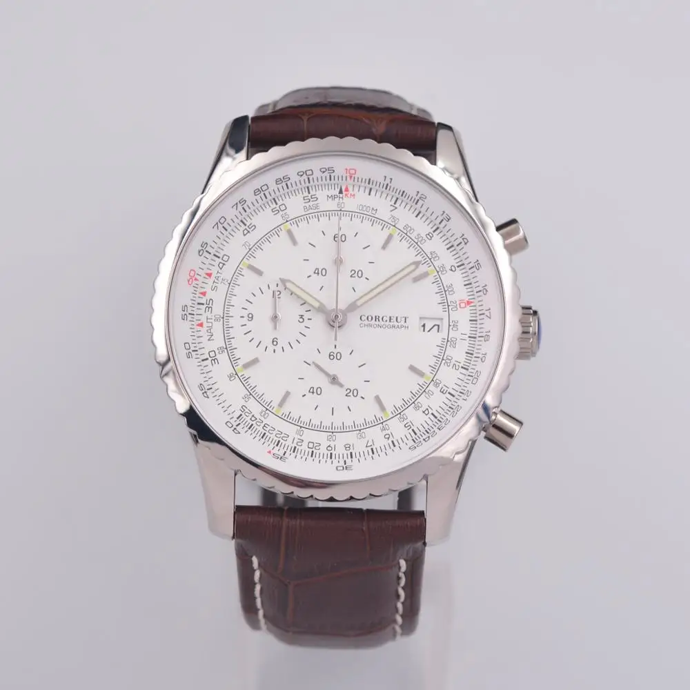 

Corgeut46mm calendar week men's quartz watch chronograph leather strap watch luxury brand watch