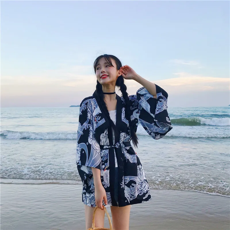 Новое традиционное японское кимоно свободный кардиган женский косплей рубашка тонкое кимоно юката летнее пляжное пальто солнцезащитный Haori Geisha