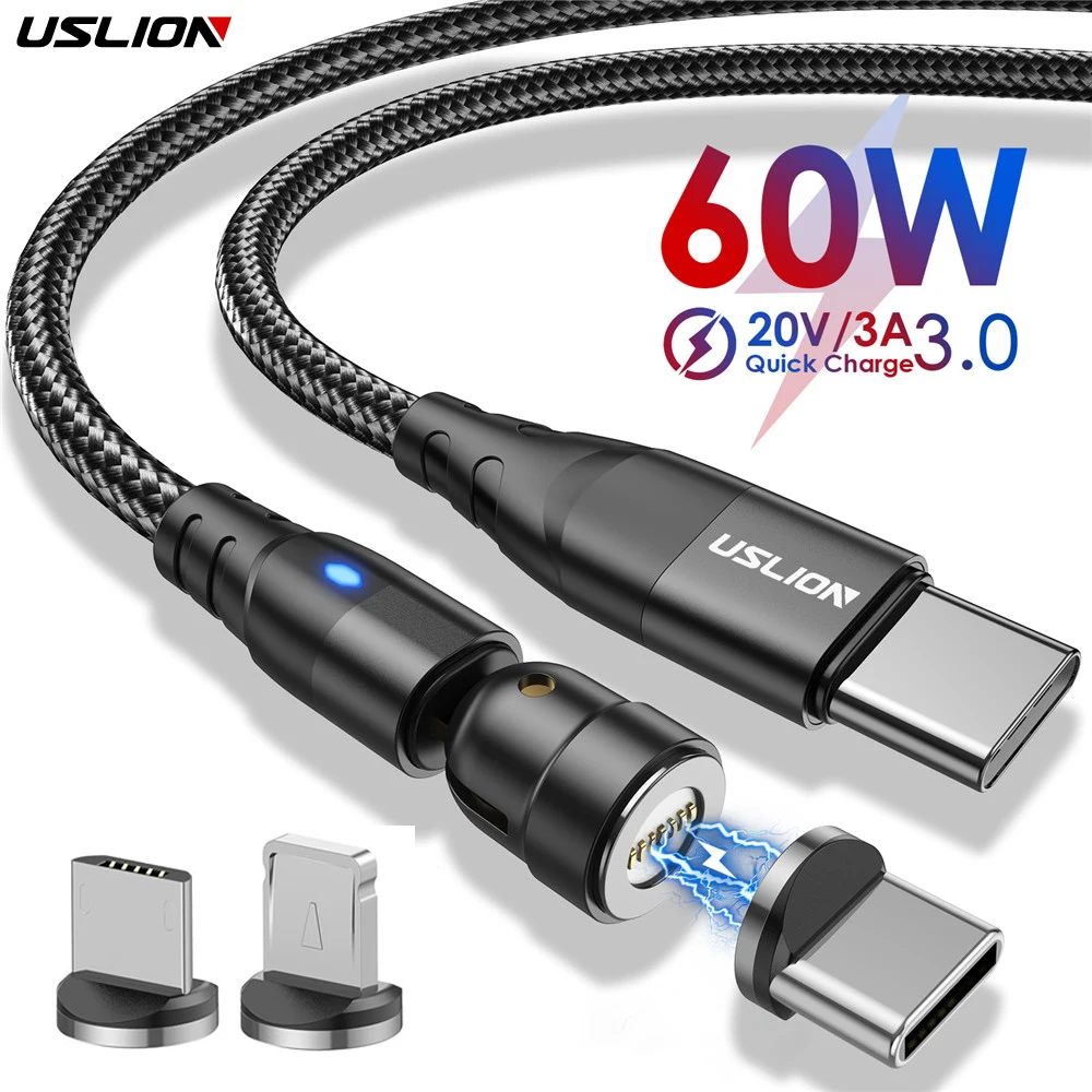 USLION 60W Magnetic Cable Quick Charge PD Fast Charging Type C to