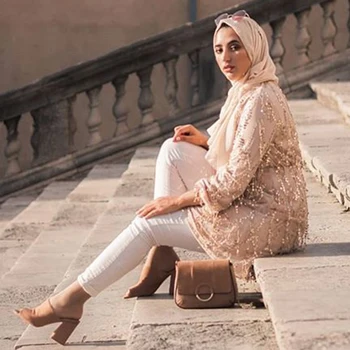 

Siskakia Muslim Women's Sequins Tassel Tops Fashion High End V Neck Long Sleeve Slim Waist A Line Swing Top Eid Plus Size Female