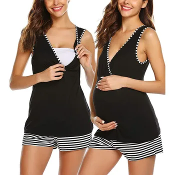 

2PCS Women Feeding Sleepwear Casual Maternity Sleeveless Nursing Baby Vest Tops+Stripe Shorts Pajamas Set Pizama Do Karmienia