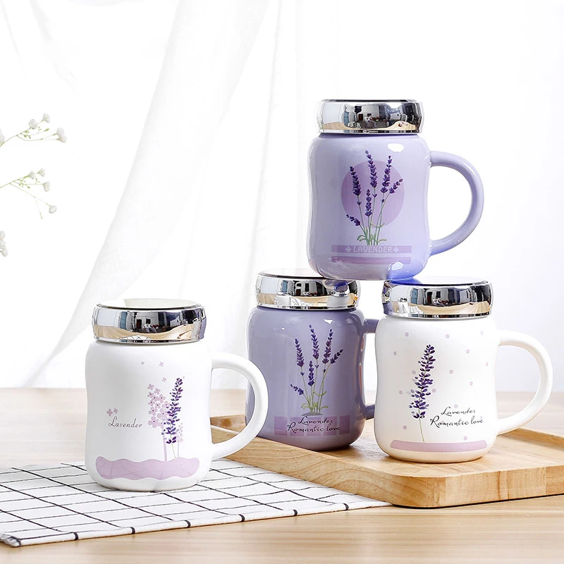Lavender Cartoon Ceramic Water Mug with Cover Mirror Seal Leakproof Fashion Cup Milk Juice cup Home Office Drinkware 500ml | Дом и сад