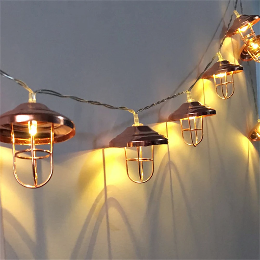 

USB Battary Operated Retro Iron Lampshade String Light Fairy Warm White Garland Lamp Xmas for Cafe Christmas Wedding Party Decor