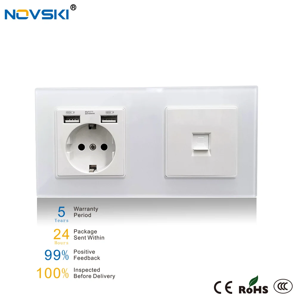 

NOVSKI USB Wall Socket Cat6 10Gbps COM Data Socket Crystal Glass Panel Grounded 16A EU Schuko Electrical Socket 5 Years Warranty