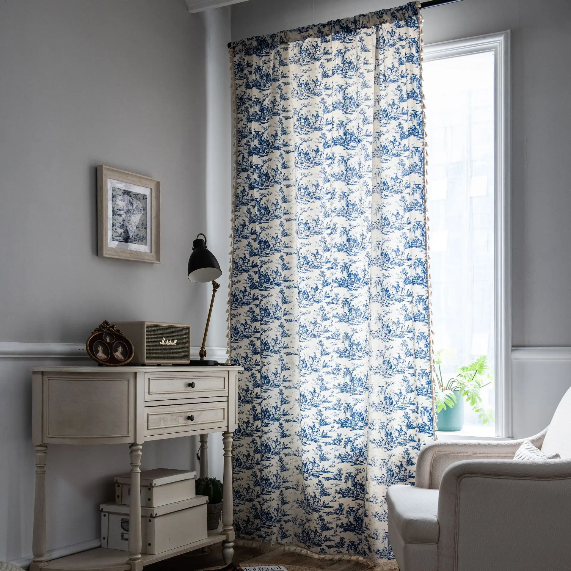

American Vintage Style Short Window Curtains With Tassels Linen Fabric Blue Kitchen Curtains Panels For LIving Room Home Decor