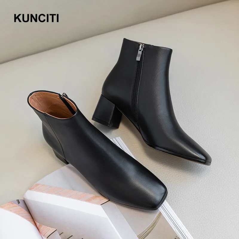 

2019 KUNCITI Autumn Boots Women Genuine Leather High Heel Boots Square Toe European Designer Chelsea Shoes Top Quality D9115