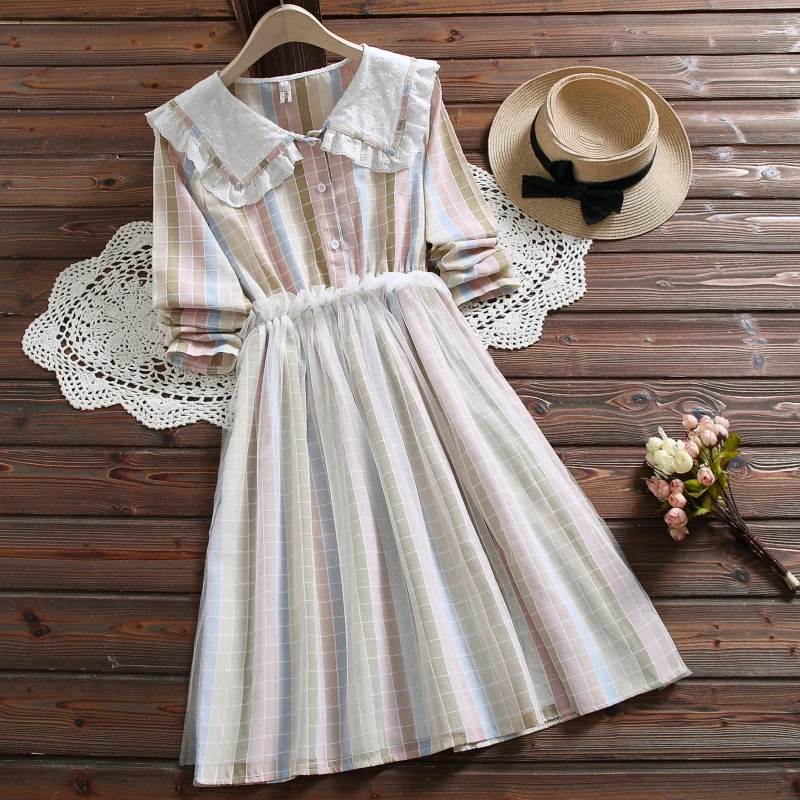 

Spring Autumn Japan Style Mori Girl Female Plaid Sweet Dress Women Doll Collar Long Sleeved Gauze Mesh Dresses