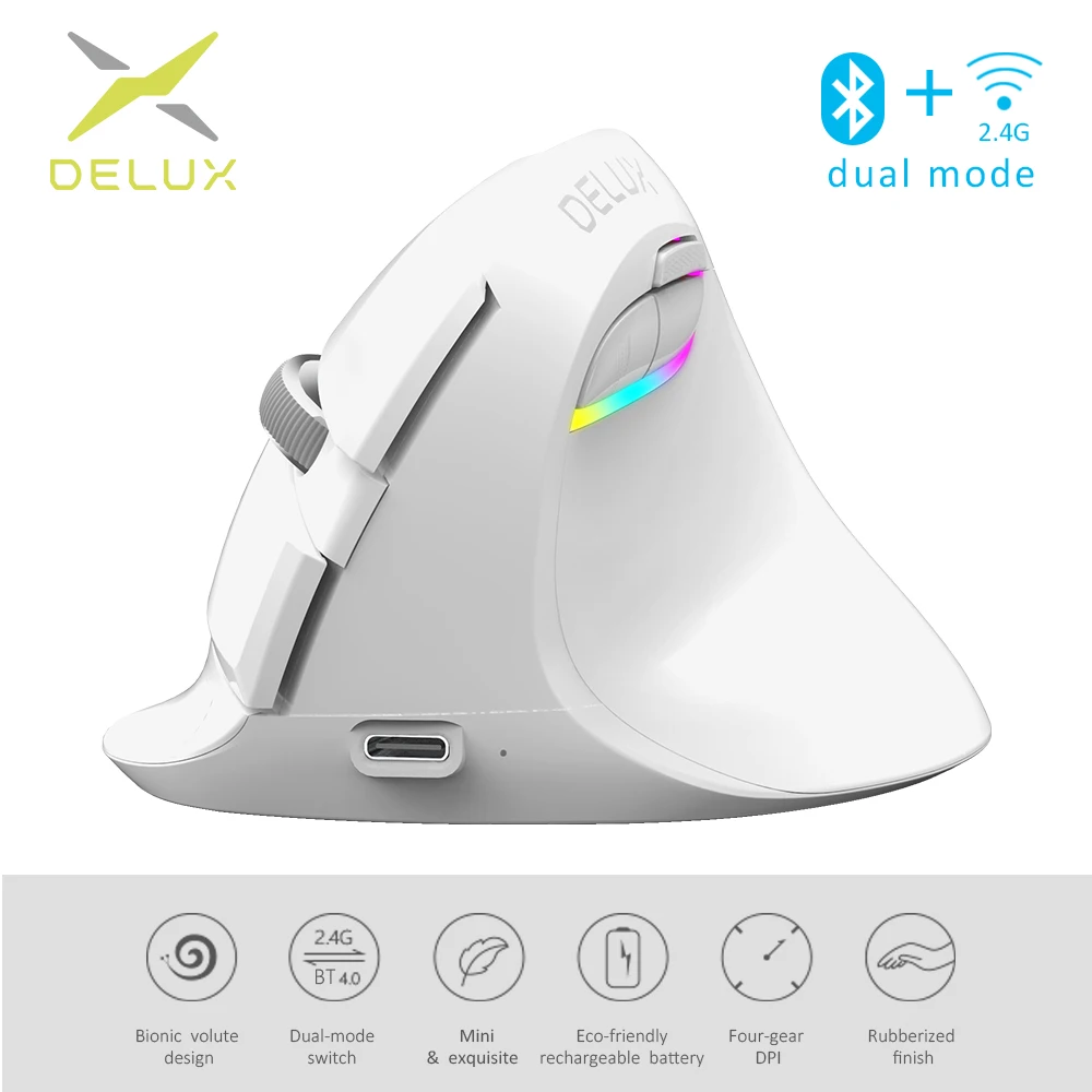 Delux M618 Мини Беспроводная белая мышь Bluetooth 4 0 + 2 ГГц двухрежимный эргономичный
