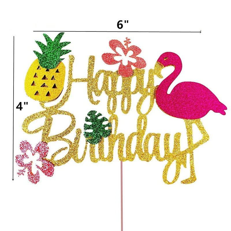 Happy Birthday Cake Topper – Tropisch Mit Flamingo, Palme, Ananas, Glitzer