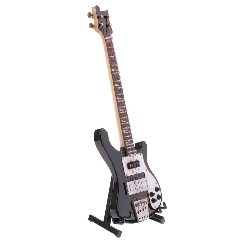 Handmade Mini Wooden Electric Bass Model with Stand for 1/6 Action Figures Hot Toys 12inch Dolls Accessories