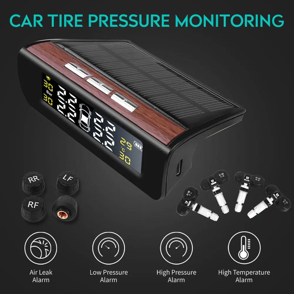 Vehemo сигнализация давления в шинах автомобильный Солнечный TPMS 4 шт. встроенный внешний датчик Android мониторинг цифровой USB Авто ЖК-дисплей цветной экран
