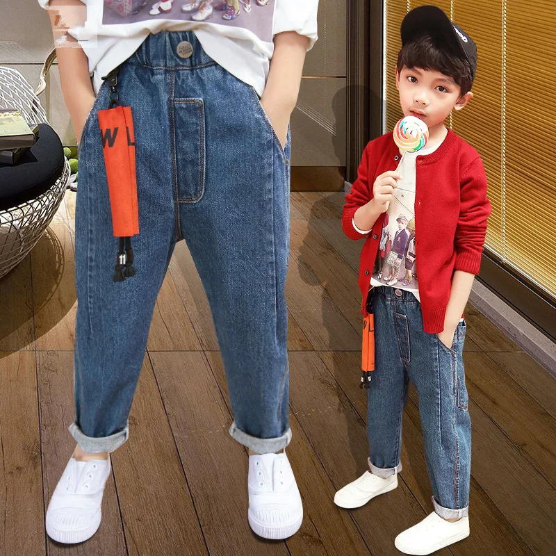

2019 Autumn New Style Childrenswear Crawler Big Boy BOY'S Denim Trousers Harem Trousers Autumn And Winter plus Velvet CHILDREN'S