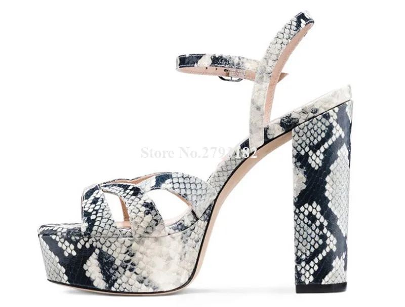 Sexy Women Snake Leather High Platform Chunky Heel Sandals Ankle Strap Buckles Thick High Heel Sandals Wedding Dress Shoes - Цвет: as picture