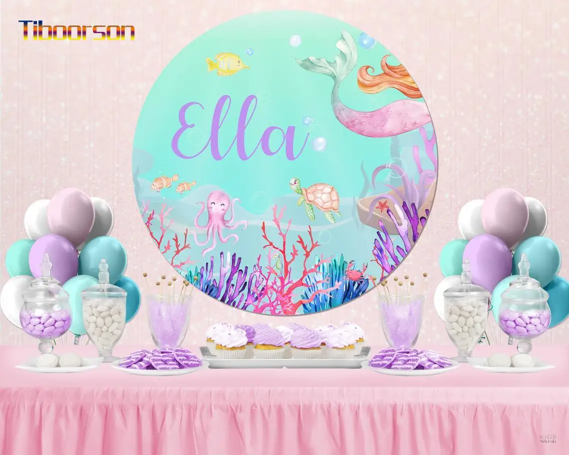 

Round Circle Girls Mermaid Party Photography Backdrop Under The Sea Baby Shower Birthday Party Background Plinth Covers