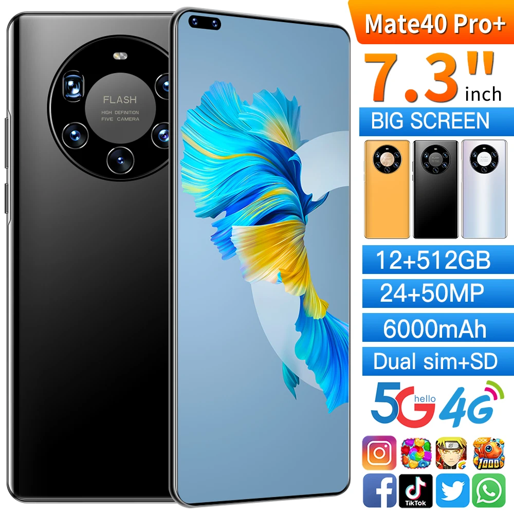 2021 Arrival Mate40 Pro 7.3 Inch 12Core 6000mAh Smart Mobile Hd Big Screen 12GB+512GB 2SIM 4G LTE 5G Cellphone Global Spot Debut