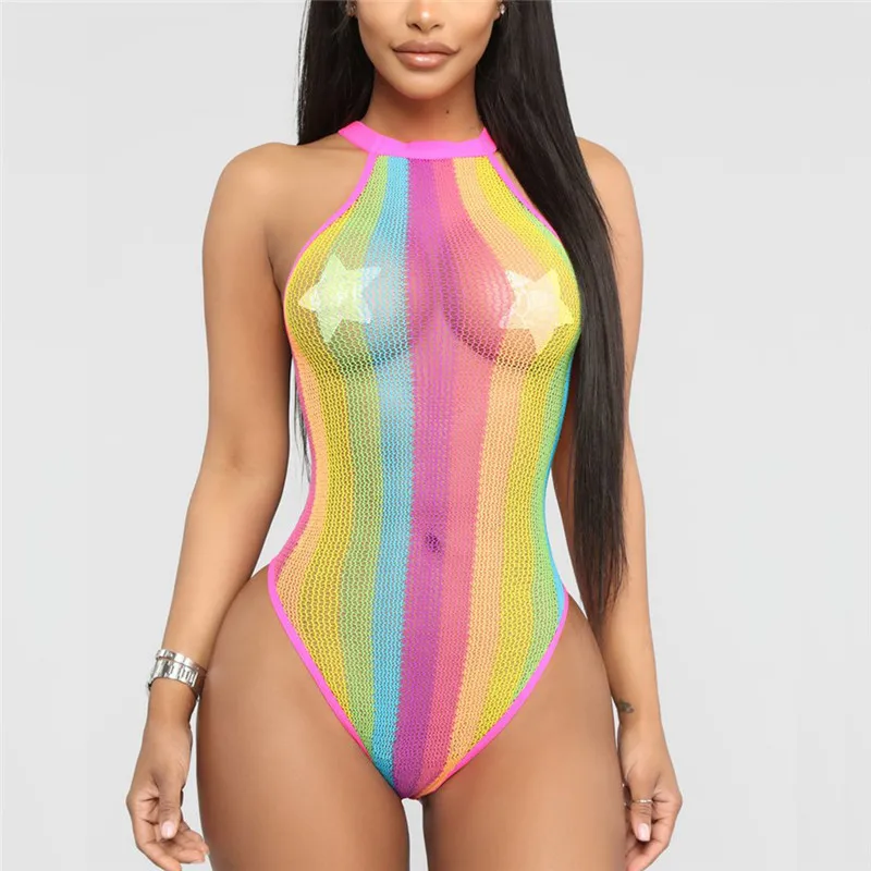 Mesh Bright Stripes Print Bodysuit O Neck See Through High Cut Bodycon Overalls Harajuku Sexy Women Night Party Beach Jumpsuits pink bodysuit