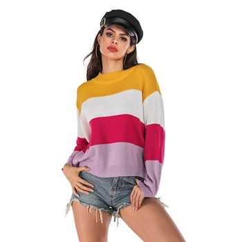 

Autumn Winter Outwear Striped Knitted Sweater Women Slim Long Pullovers Knitting Jumper