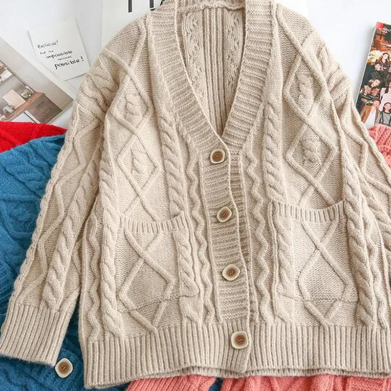beige LANMREM сплошной цвет грубая шерсть однобортный свитер с v-образным вырезом пальто куртка дикая Повседневная Свободная плюс женщина осень Новинка TC949 - Цвет: beige