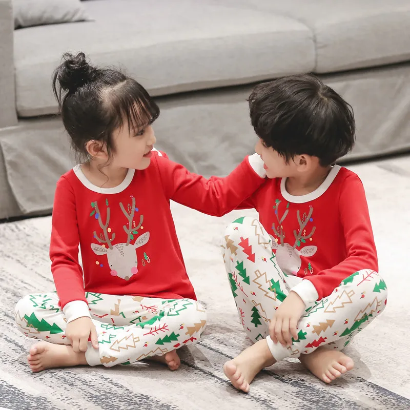 Зимняя Рождественская Пижама; одежда для сна для мальчиков и девочек; Детская Хлопковая пижама с рисунком; одежда для сна; одежда для маленьких девочек; комплект одежды для сна из 2 предметов