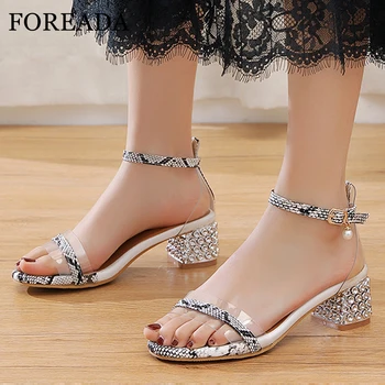 

FOREADA Ankle Strap Sandals Women Transparent Med Heels Snake Print Thick Heel Sandals Buckle Lady Shoes Summer Yellow Size 43
