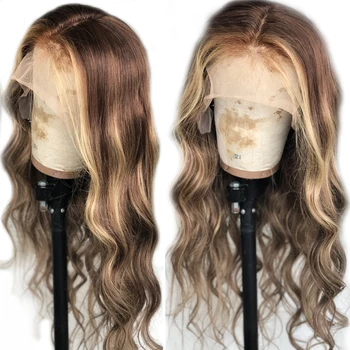 

SimBeauty Highlights Blonde Full Lace Human Hair Wigs U Brown 360 Frontal PrePluck With Baby Hair Transprent 13x6 Lace front wig