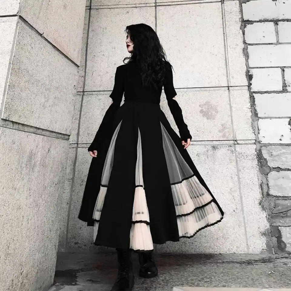 

Retro fall winter new vintage pleated splicing fluffy skirt autumn black skirt mid-length black pleated elegant skirt women