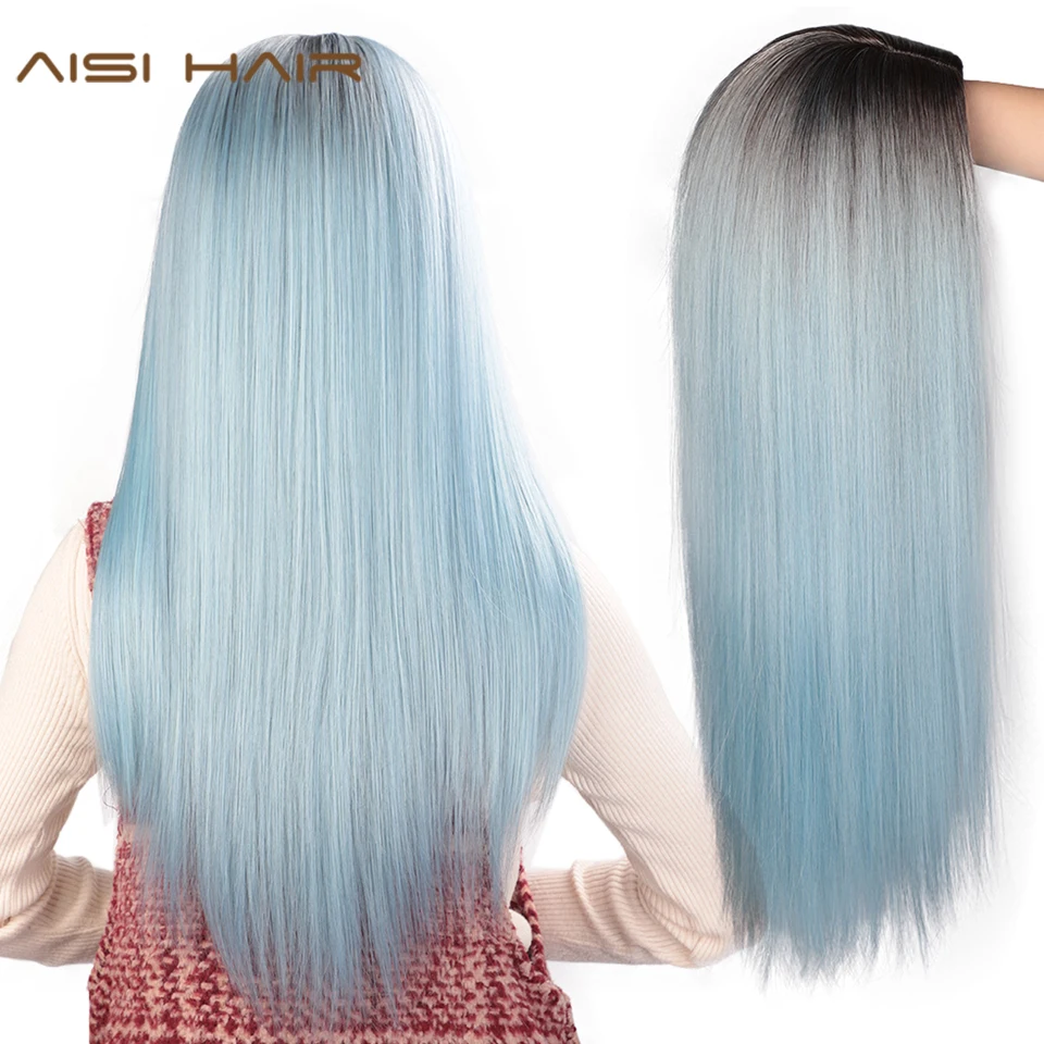 AISI волосы длинные прямые Синтетический парик смешанный коричневый и блонд длинные парики для женщин парик Голубой с эффектом омбре средняя часть натуральные волосы