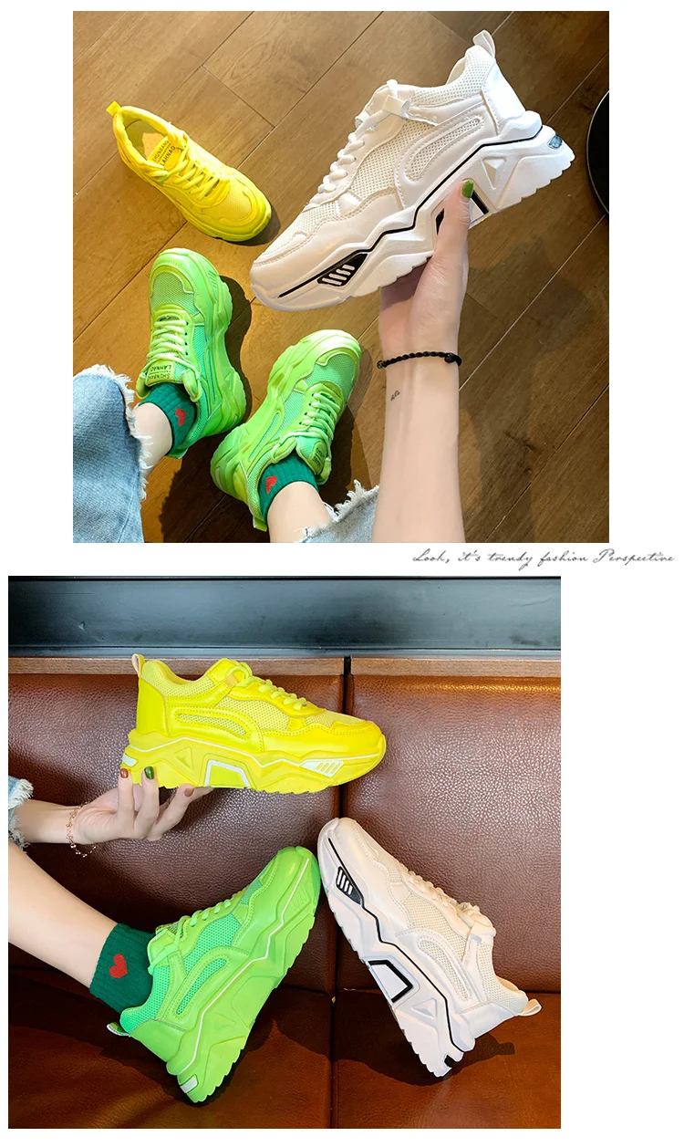 Новые модные массивные Кроссовки Женская обувь кроссовки на платформе и высоком каблуке повседневные Зеленые Белые желтые кроссовки