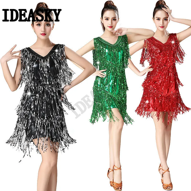 latin dance dress performance competition Sequin fringe tassel ballroom
