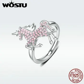 

WOSTU Classic Authentic 925 Sterling Silver Cute Pink Unicorns Opening Rings Hot Fashion 2020 New CZ Adjustable Rings DXR557