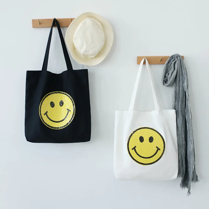 Новая Женская Студенческая сумка из хлопковой ткани, модная сумка через плечо, женская сумка с милым смайликом, Большая вместительная Эко сумка для покупок