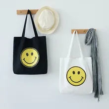 Новая Женская Студенческая сумка из хлопковой ткани, модная сумка через плечо, женская сумка с милым смайликом, Большая вместительная Эко сумка для покупок