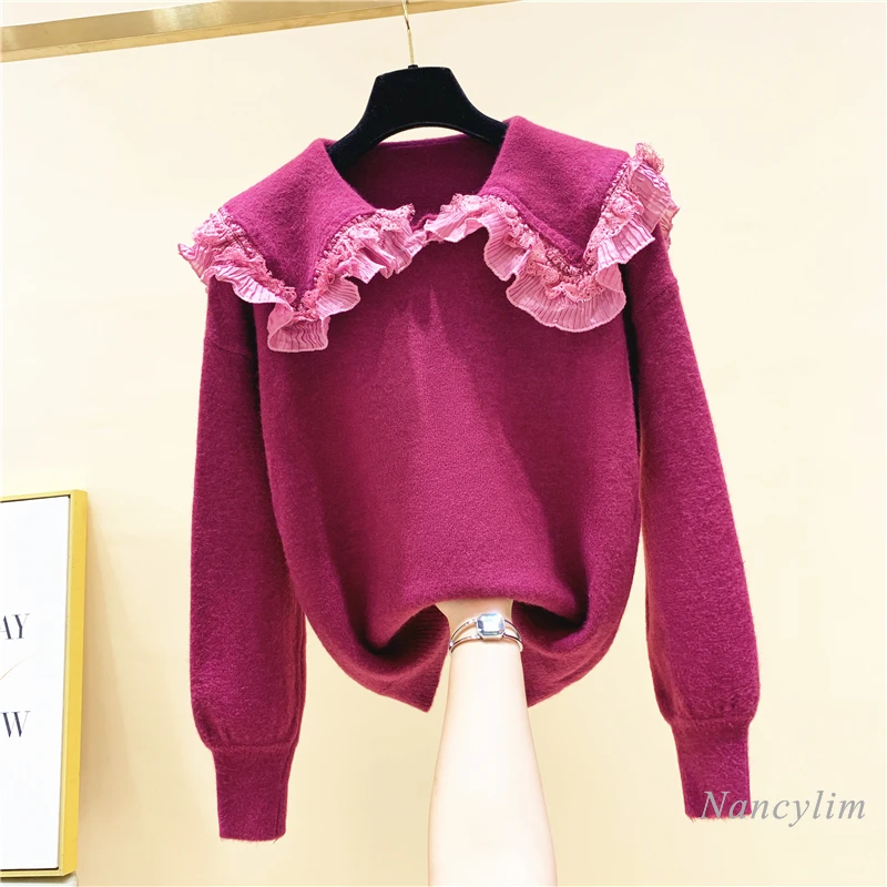 

2020 Autumn and Winter Lace Stitching Doll Collar Pullover Sweater for Women New Korean Style Lapel Knitwear Girls Student Top