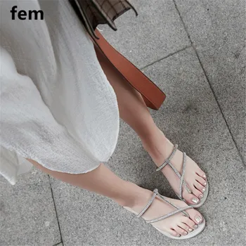 

Woman Flip Flop Sandals Crystal Shining Shoes Summer 2020 Concise Style Big Shoes Women Rhinestones Slides Cross Tied Woman Slip